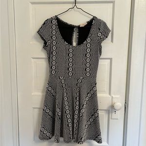 black and white patterned mini a-line dress